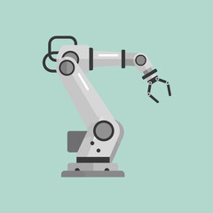 Robotic arm with gripper against a light blue background.