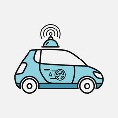 Blue car with antenna on roof represents autonomous vehicle.