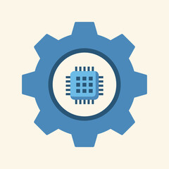 Blue gear with microchip inside on light background.