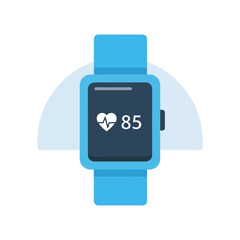 Blue digital watch displays heart rate on dark screen.