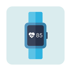 Blue smartwatch displays heart rate and number.
