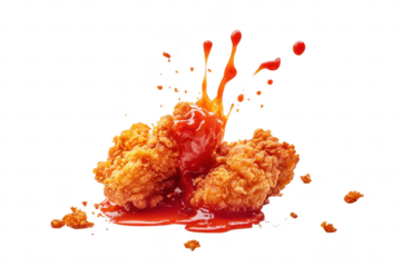 Crispy fried chicken pieces splashed with red sauce. a delicious and appetizing presentation against a clean white background. ideal for food-related content