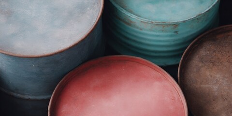 Collection of old cans in various colors