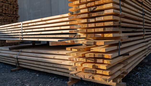 Freshly cut lumber stacked and strapped in natural light, ready for construction projects and carpentry, perfect for building materials and industry visuals