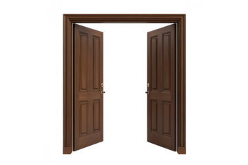A pair of elegant. wooden double doors stands open. inviting exploration into a bright. undefined space. symbolizing opportunity and transition. perfect for architectural or inspirational themes