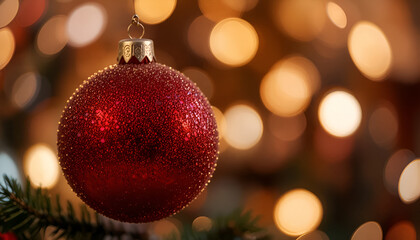 Sparkling red christmas ornament hangs against a backdrop of blurred golden lights creating holiday magic