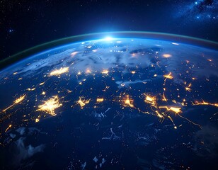 Mesmerizing view of Earth from space, showcasing a vast network of city lights illuminating continents at the edge of dawn, symbolizing global connectivity and human progress