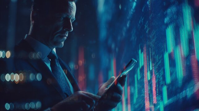 The cutting edge of commerce: ai and the art of big data processing. Artificial intelligence. A businessman delves into the world of ai-enhanced data on a virtual screen. Ai interface.