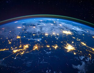 Breathtaking ultra-realistic 8K HDR perspective of Earth at night from space, revealing a mesmerizing tapestry of illuminated cities and the delicate atmospheric glow