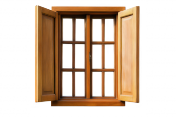 A beautifully crafted wooden window with open shutters. a clear view. perfect for enhancing interior aesthetics in homes or offices. creating a sense of openness and light