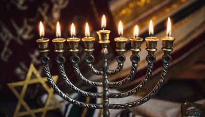 Jewish holiday Hanukkah background with menorah, traditional candelabra and burning candles.