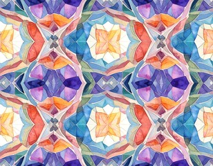 Colorful, geometric abstract watercolor pattern with symmetrical shapes