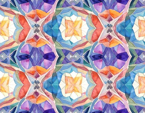 Colorful, geometric abstract watercolor pattern with symmetrical shapes
