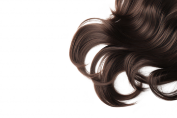 A close-up view of flowing. shiny brown hair strands elegantly arranged on a clean white background. the texture and movement. ideal for beauty and hair care advertisements