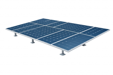 A modern solar panel array positioned on a flat surface. its sleek design and photovoltaic cells. with a bright. clear background suggesting a clean energy future