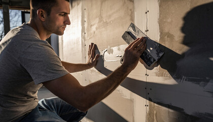 Focused contractor skillfully applying plaster on interior wall for smooth finish during renovation project, demonstrating craftsmanship and expertise in home improvement