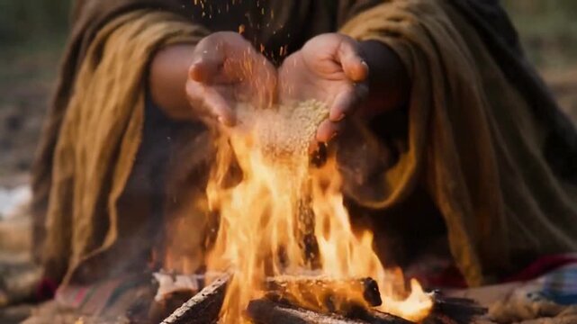 Indian Lohri Harvest Ritual with Sesame and Peanuts. Hands pouring grains over a fire A symbolic representation of offerings and rituals. 