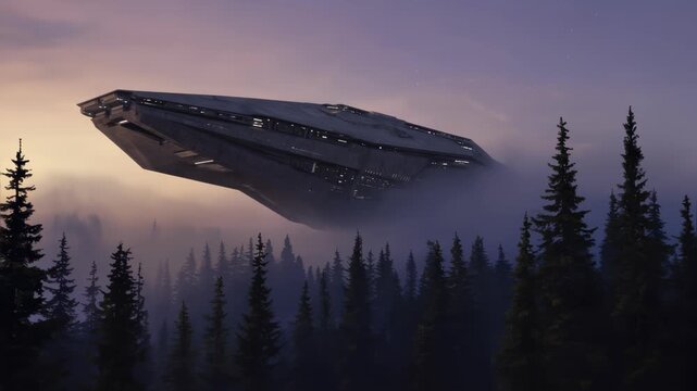 Large futuristic spaceship hovering above dense forest at twilight with dramatic atmospheric lighting - Powered by Adobe