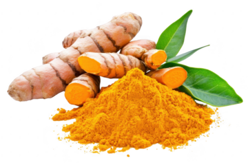 Fresh turmeric roots with orange flesh and green leaves. arranged artistically with a heap of bright yellow turmeric powder. ideal for culinary and health-related uses