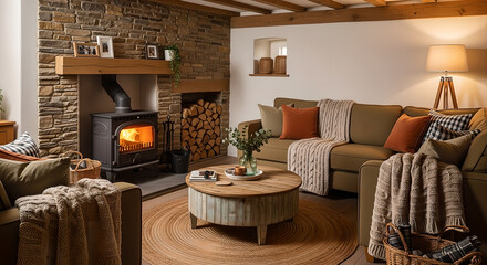 Fototapeta premium Fireplace Living Room Interior Design with a Warm, Cozy, and Family-Oriented Atmosphere.