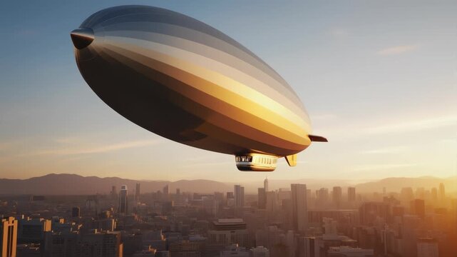 Large futuristic airship floating above city skyline during sunset with dramatic lighting and smooth camera movement