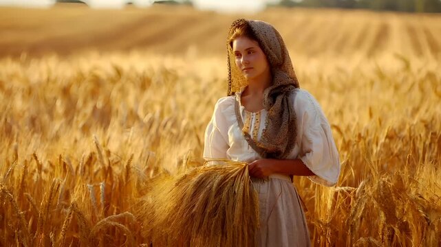 A woman in a historical reenactment dress stands amidst a wheat field during sunset. She holds a bundle of wheat in her hand, and her attire is reminiscent of the 18th century.