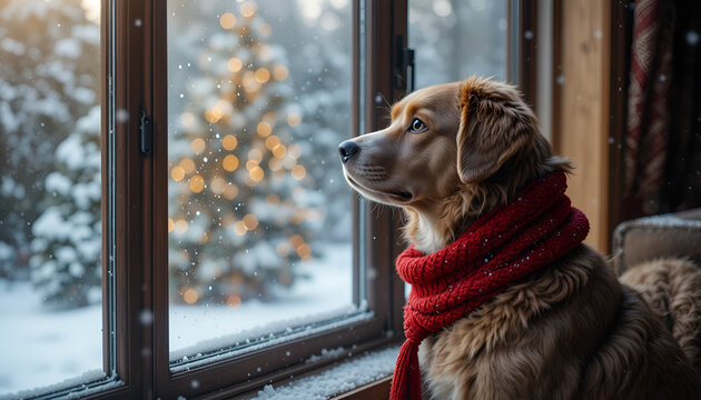 Golden retriever wearing a red scarf looks out the window at a snowy winter scene with christmas lights