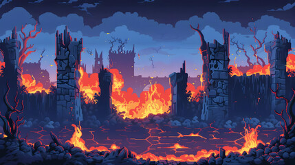 Burning Ruins at Night Pixel Art Fantasy Game Background