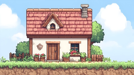 Charming Pixel Art Cottage with Red Roof and Flower Garden