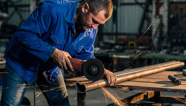 Skilled metalworker cutting steel with an angle grinder in a workshop, sparks flying in a display of craftsmanship and industrial expertise, safety first