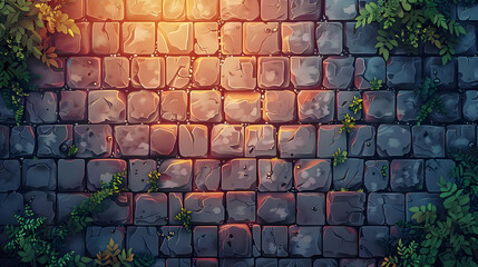 Cobblestone Path with Plants at Night, Pixel Art Background