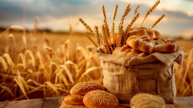 A rustic wooden table holds a sack filled with assorted breads and grains. The scene is set against a backdrop of a golden wheat field and a clear sky with fluffy white clouds.