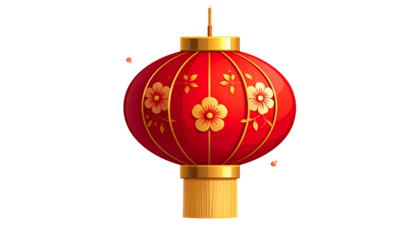 A vibrant red Chinese lantern with intricate floral patterns, gold accents, and a festive design.
