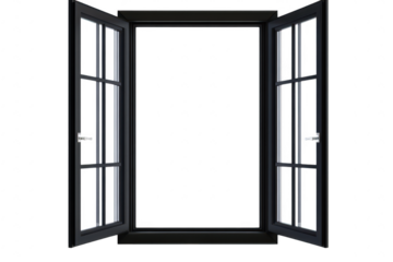 A modern black window frame opened wide. revealing a blank white background. symbolizing openness and potential. perfect for use in design. real estate. or architectural presentations