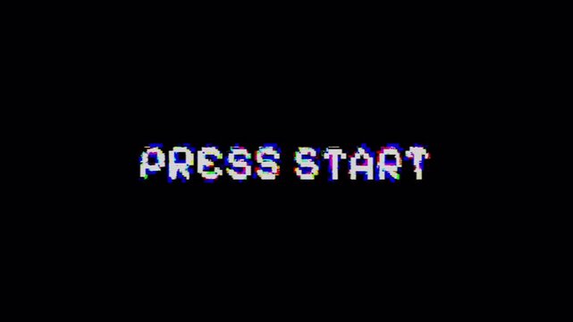 Press start glitch with retro pixelated effect for gaming nostalgia. Suitable for vintagethemed designs, gaming websites, and social media posts. Alpha Channel