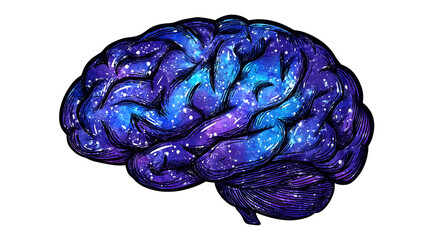 Cosmic Brain: A Detailed Pixel Art Illustration of a Human Brain Filled with Galaxies and Nebulae Against a White Background
