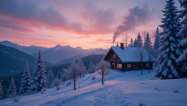 Cozy cabin nestled in a snowy winter landscape with mountains and a pastel sunset creating a peaceful scene