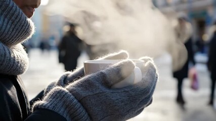 Person holding steaming cup of coffee outdoors in winter atmosphere  