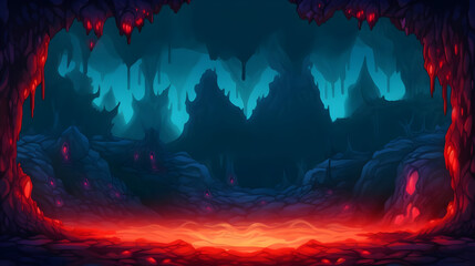 Dark Fantasy Cave with Lava and Pixel Art Style
