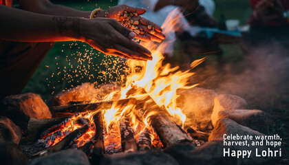 Naklejka premium Friends and family gathering in celebration around a warm bonfire, offering grains during a traditional winter harvest festival