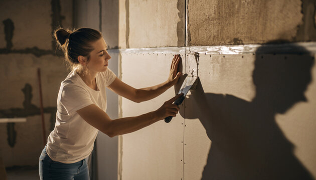 Focused woman skillfully applies plaster to a wall during home renovation, DIY project shows dedication to craftsmanship and creates a warm, inviting space