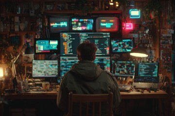 Creative workspace energy: designer in action. Ai web. Dynamic web design process in an engaging studio setting. Digital network. High-tech network.