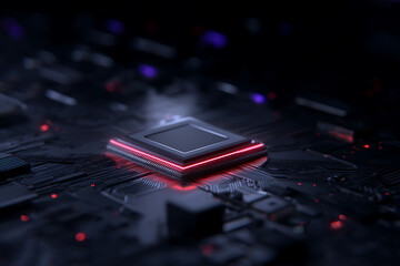 futuristic technology, macro shot of a glowing ai chip on a metallic surface with neon reflections, showcasing a futuristic lighting setup