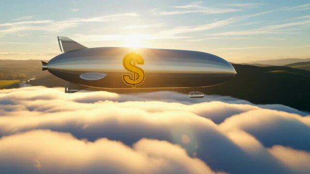 Large Blimp Flying Over Mountain Range During Sunset with Dollar Sign Logo