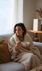 A woman sitting on a sofa, wrapped in a cozy blanket, eating from a bowl with a spoon in her hand