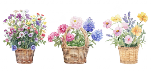 A collection of watercolor flower baskets an array of colorful blooms. set against a clean white background. perfect for spring-themed designs and floral arrangements