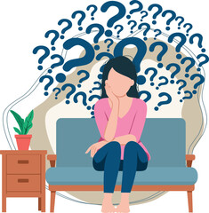 Woman Sitting with Anxiety and Confusion Thought Illustration
