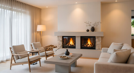 Fototapeta premium Fireplace Living Room Interior Design with a Warm, Cozy, and Family-Oriented Atmosphere.