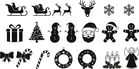 Naklejka premium Christmas holiday icons set, black and white festive symbols including Santa, snowman, tree, gift, wreath, candy cane, angel, snowflake