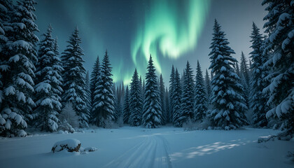 Snowy forest landscape with northern lights illuminating the sky above the snow covered trees